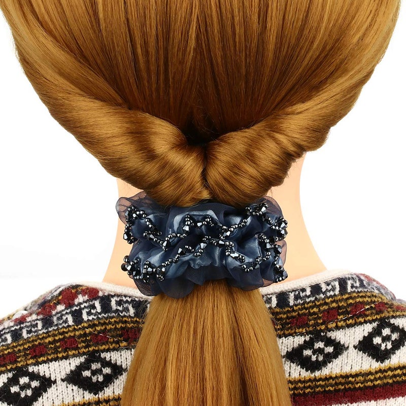 Cottvott 3/pack Chiffon Hair Rope Yarn Beads Hair Ties Women Hair Accessories Scrunchies (blue-black-coffee) - Image 2